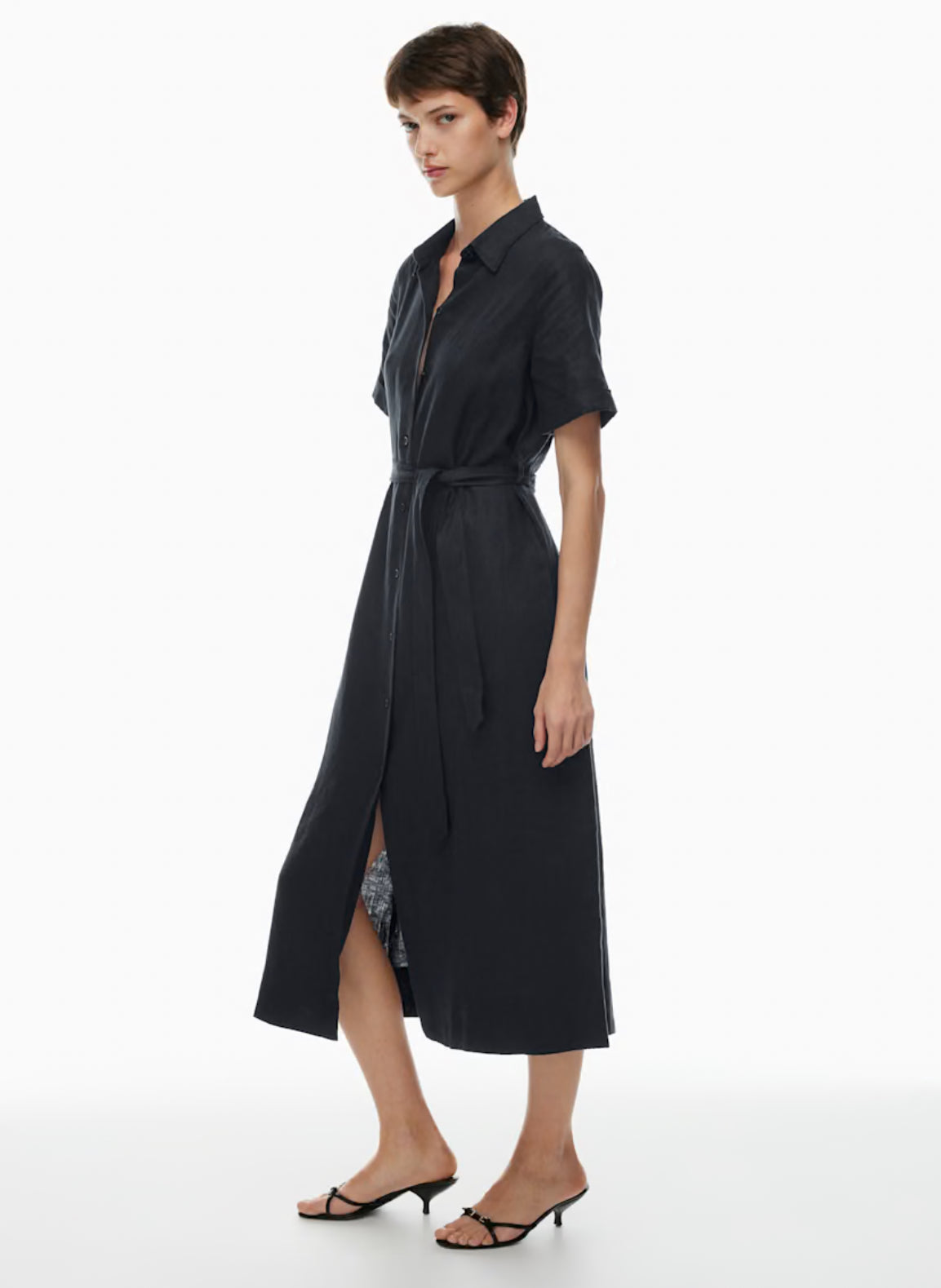 Dark Linen Belted Shirt Dress