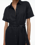 Dark Linen Belted Shirt Dress