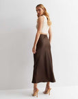 Dark Brown Satin Bias Cut Midi Skirt