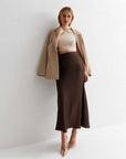 Dark Brown Satin Bias Cut Midi Skirt