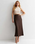 Dark Brown Satin Bias Cut Midi Skirt