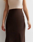 Dark Brown Satin Bias Cut Midi Skirt