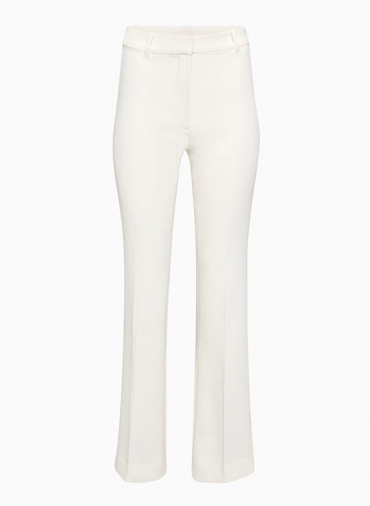 Studio flat lay of Siamo Firenze white flare pants designed for a sleek, body-enhancing silhouette and minimalist closure.