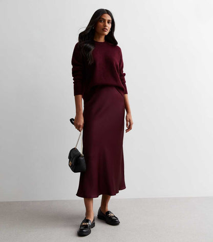 Burgundy Satin Bias Cut Midaxi Skirt