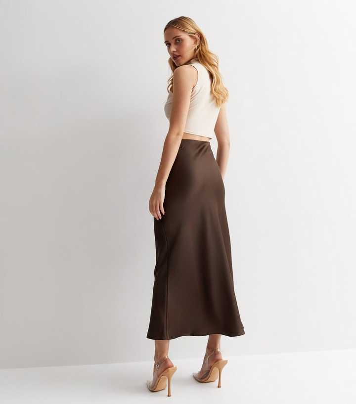 Dark Brown Satin Bias Cut Midi Skirt