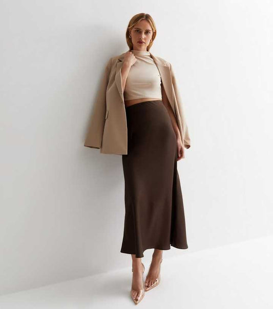 Dark Brown Satin Bias Cut Midi Skirt