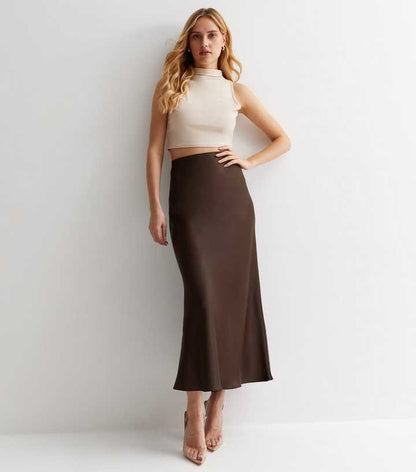 Dark Brown Satin Bias Cut Midi Skirt