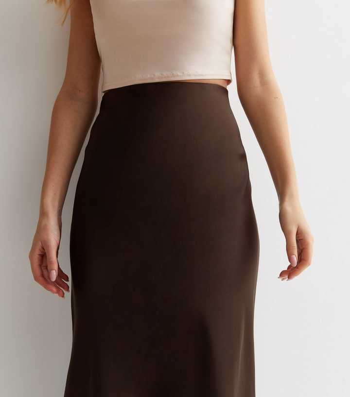 Dark Brown Satin Bias Cut Midi Skirt